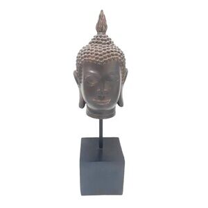 Vintage Buddha Head Sculpture on Wood Pedestal Stand